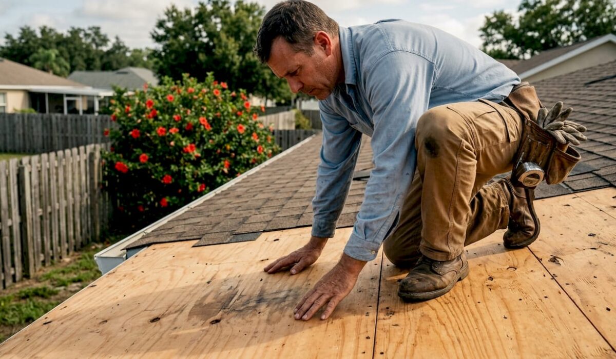 1778853112620 Roofer inspecting wooden roof substrate