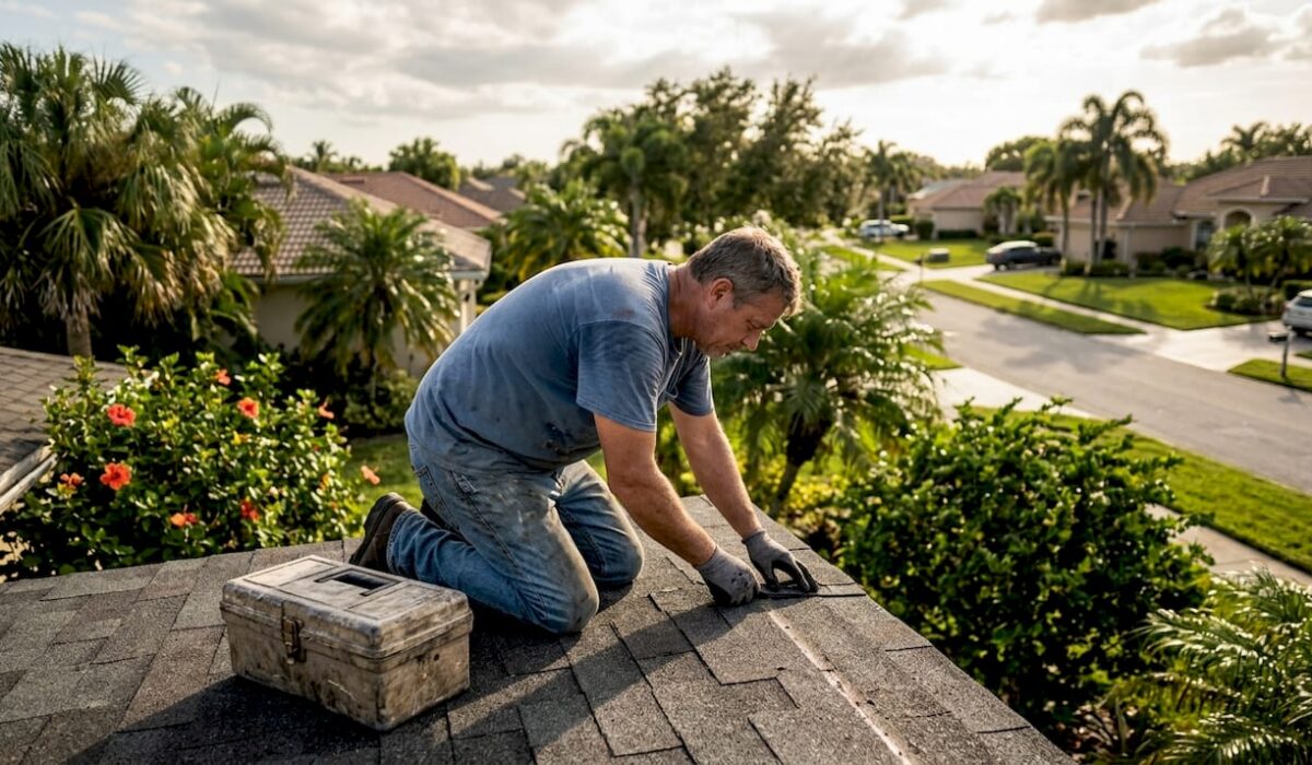 1778937264677 Roofer inspecting Florida home roof tiles