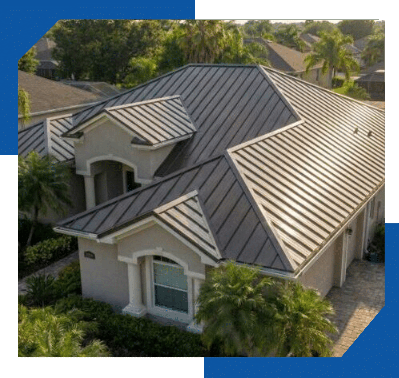 Bronze standing-seam metal roof on a stucco home with palm trees