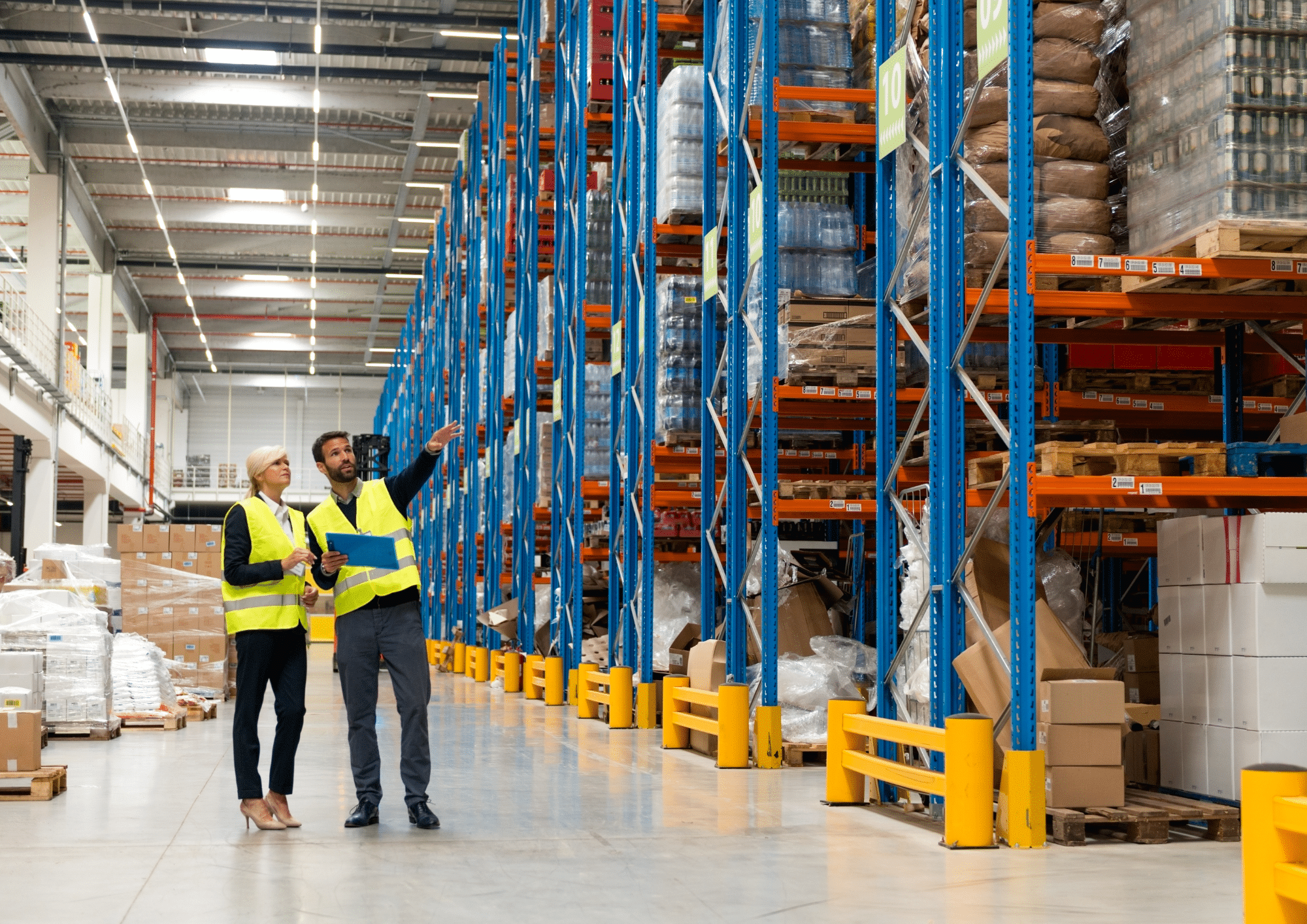 Two managers in safety vests reviewing inventory in a warehouse with tall pallet racks