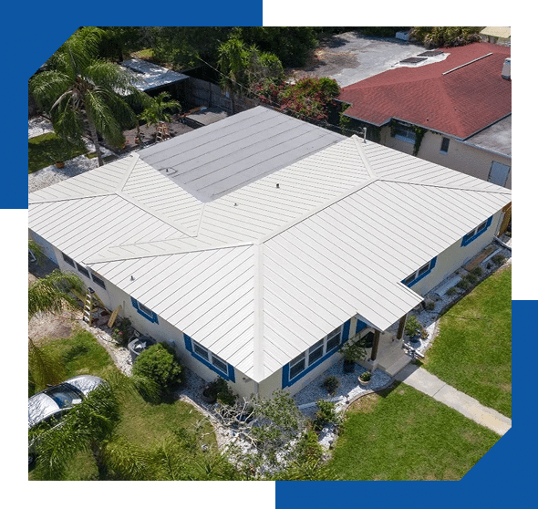 Aerial view of a white standing-seam metal roof on a single-story home