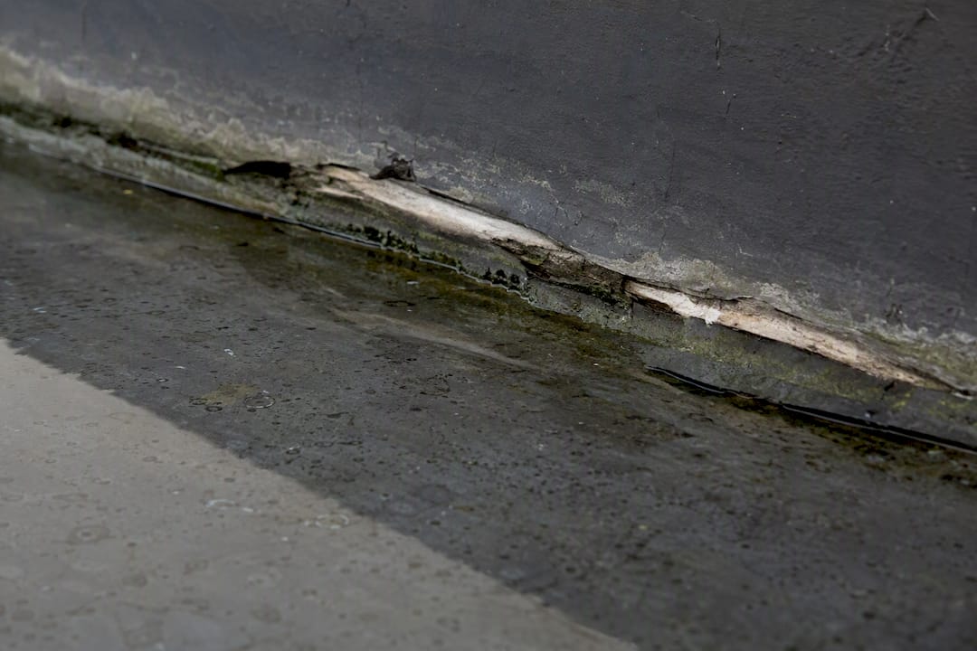 Degraded flat roof membrane near ponding water