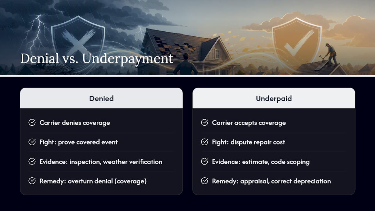 Comparison of denied and underpaid roof claims