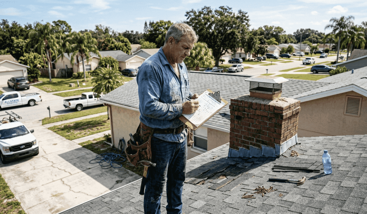 1773626464463 Roofing contractor inspecting roof with paperwork