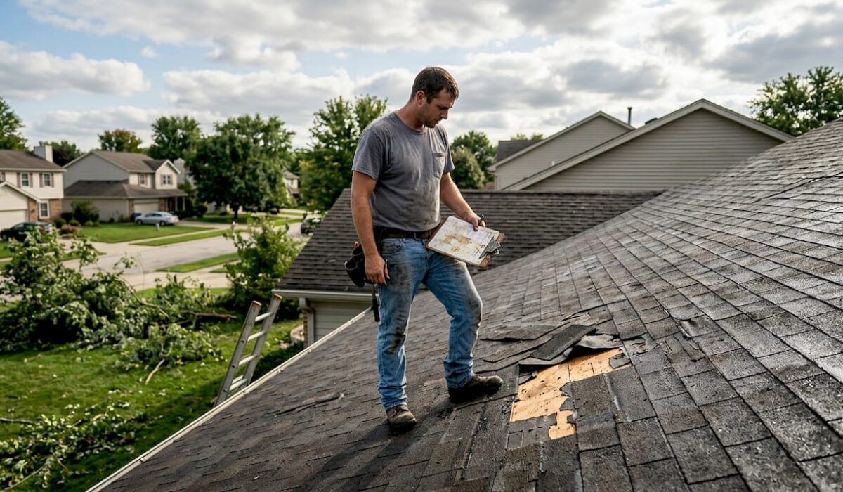 1773920686968 Roofer inspecting storm damaged shingles
