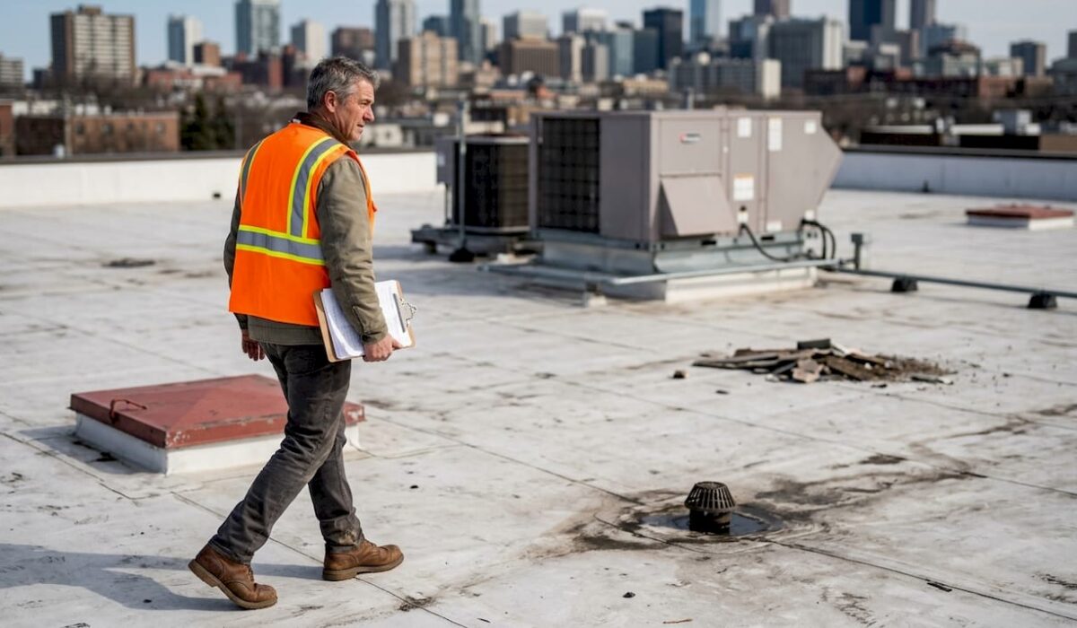 1774158740871 Roofing contractor examines commercial flat roof