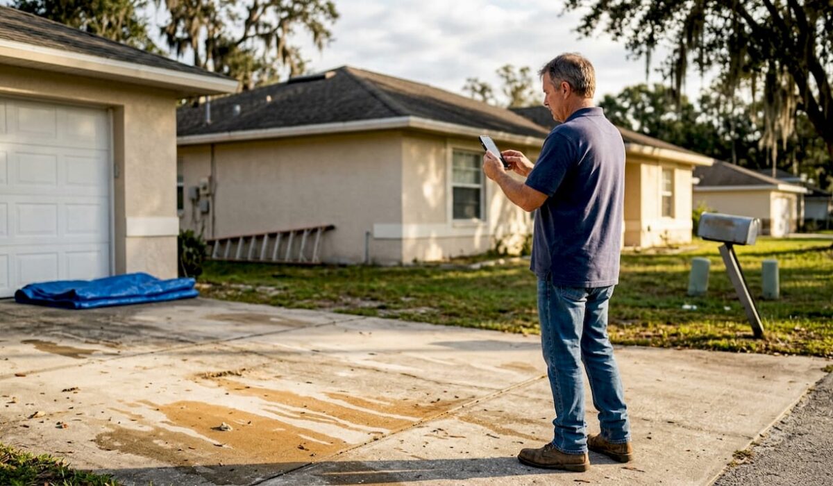 1774255731273 Homeowner safely inspecting storm damaged roof