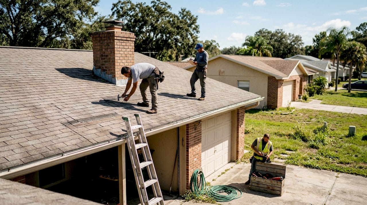 Best Central Florida Roofing Companies 2026 Guide Roofers Repairing Shingles On Florida Home 