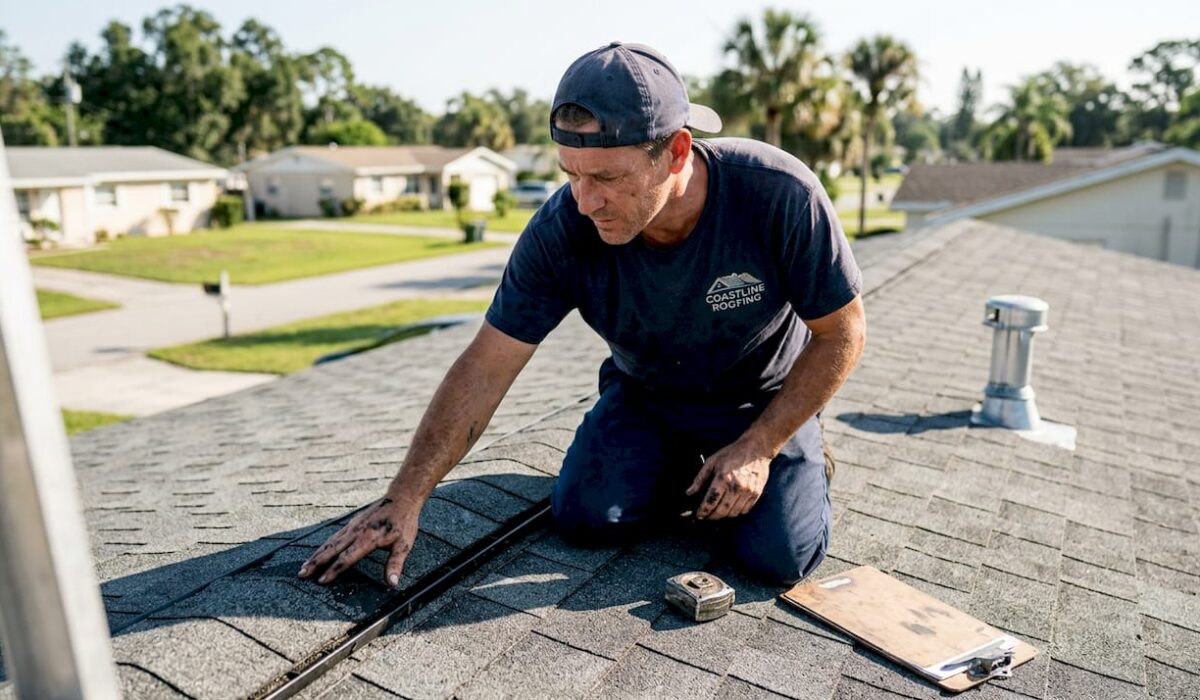 1774661232570 Roofer inspecting shingles on roof edge