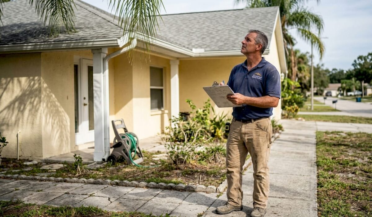 1774931974202 Inspector examines roof from sidewalk outside Florida home