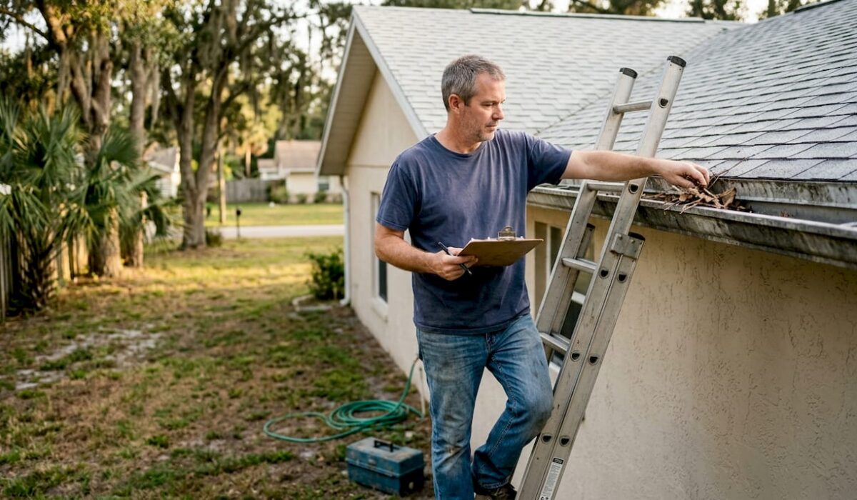 1775179681431 Homeowner inspects roof and clears gutter