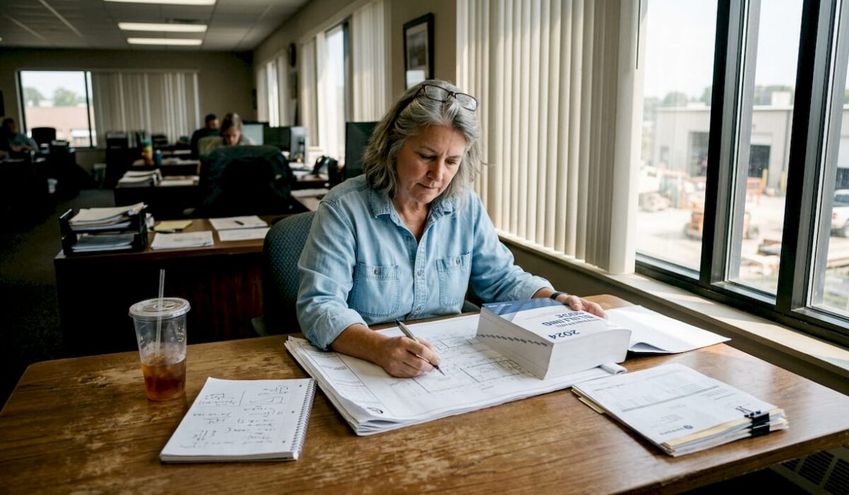 1775447683528 Manager reviewing roofing plans in office