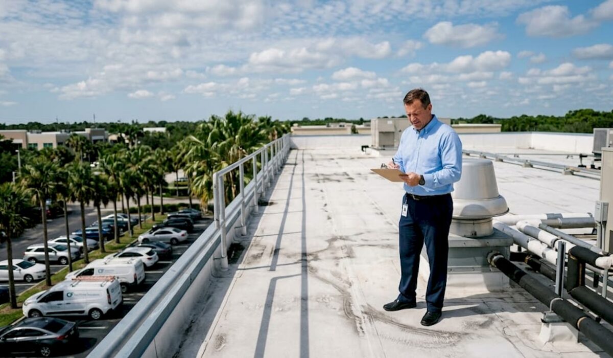 1776337971738 Inspector reviewing commercial roof under sunlight