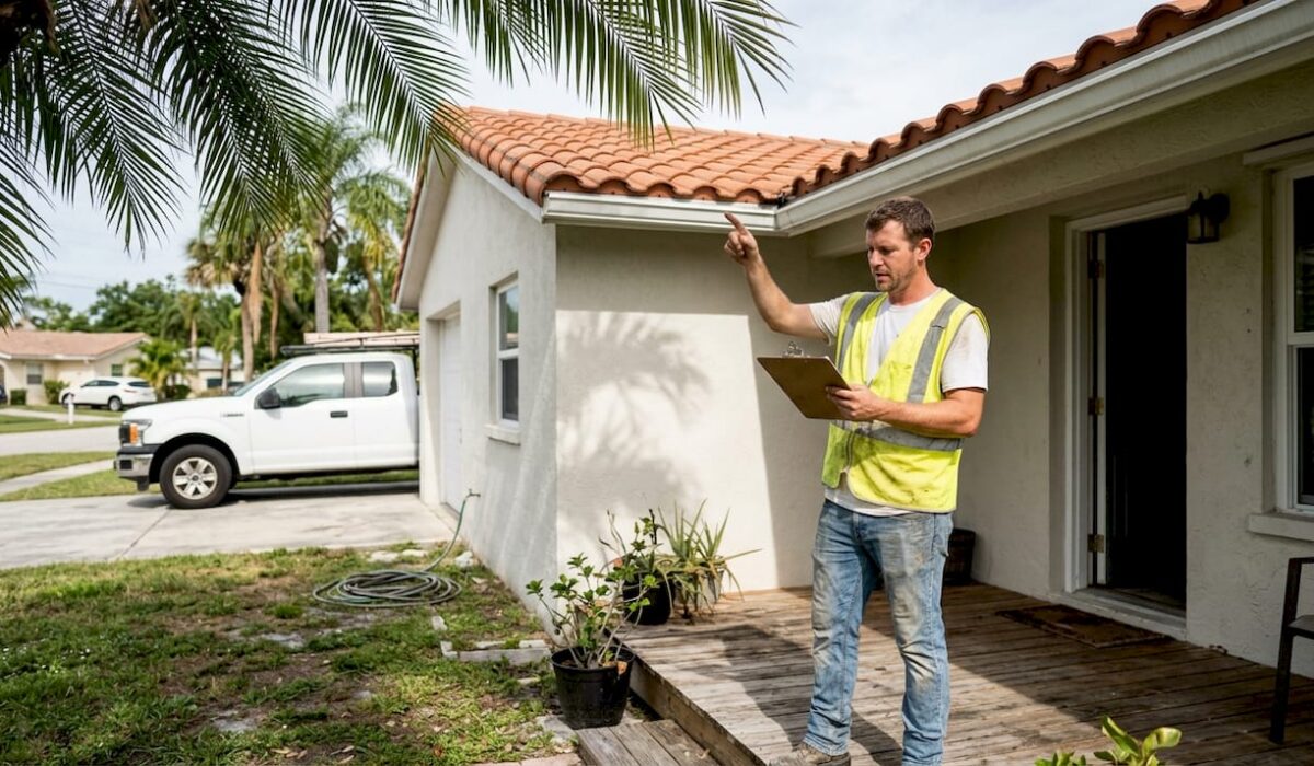 1776476125798 Contractor inspecting Florida home roof exterior 1