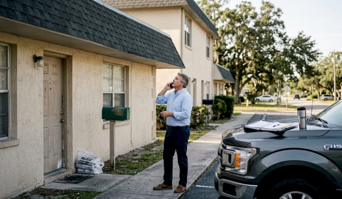 1776829740633 Investor inspecting apartment roof from curb