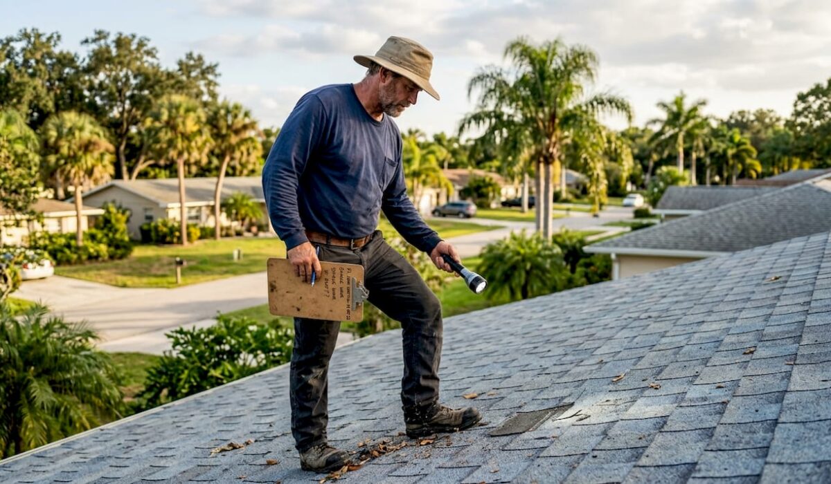 1777633291531 Roofer inspecting Florida home roof shingles