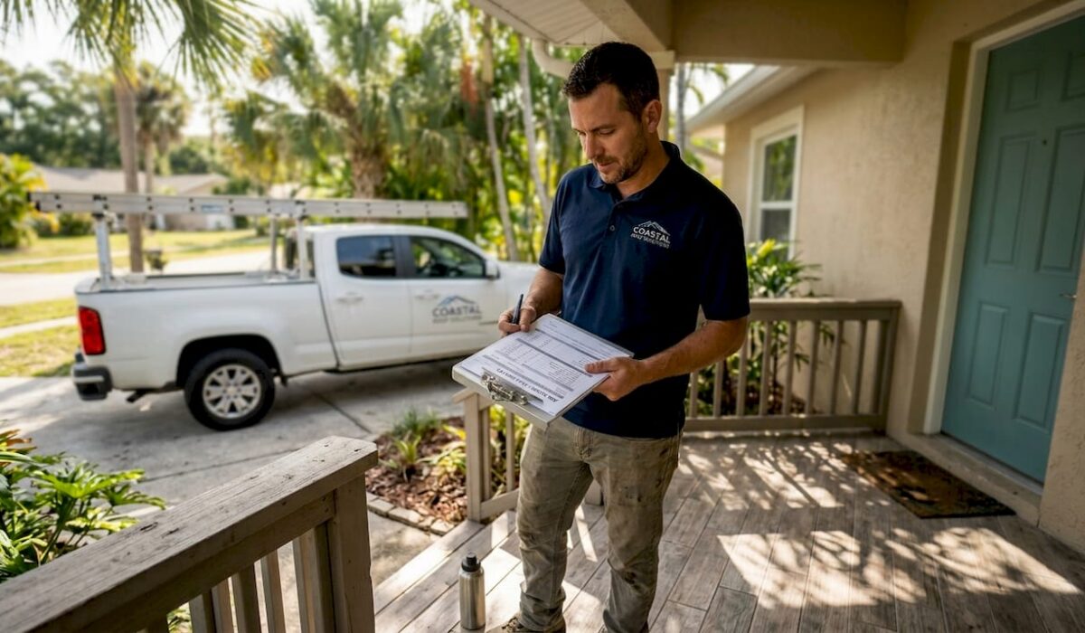 1778148574491 Contractor reviewing roofing documents on porch