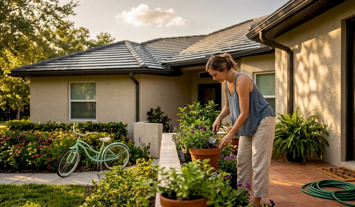 1778316339300 Woman watering plants outside Central Florida home with adaptive roofing