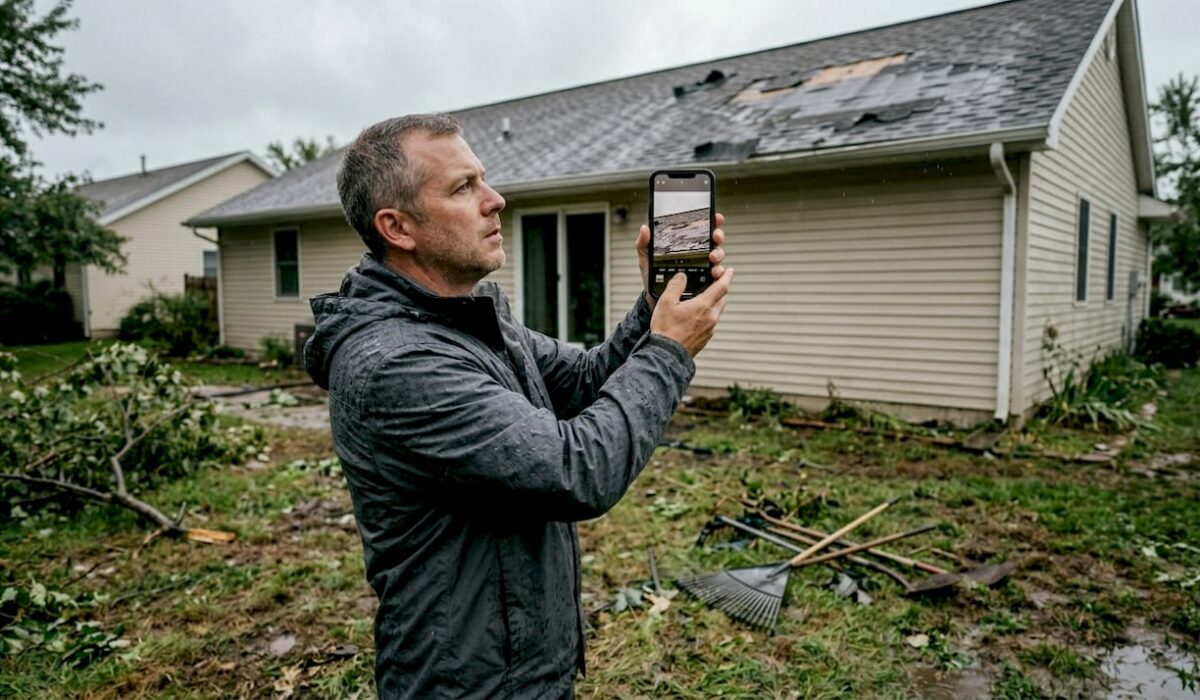 1778523220611 Homeowner photographing storm damaged roof from driveway