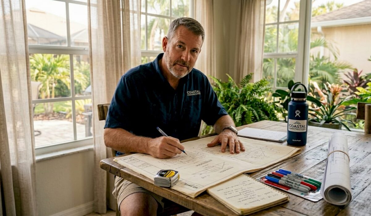 1778621883999 Contractor reviewing roofing blueprints at home table
