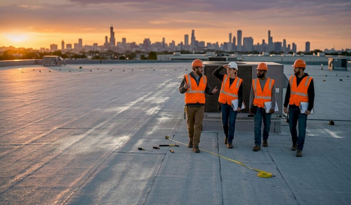 1779520939485 Industrial roofing crew inspecting warehouse rooftop