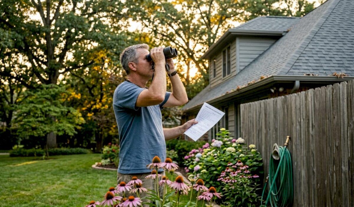 1779716379659 Homeowner inspecting roof from yard