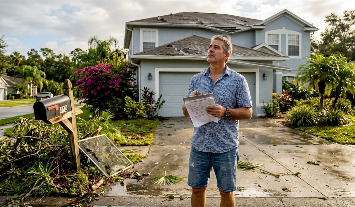 1779816804833 Homeowner inspecting storm damaged house exterior