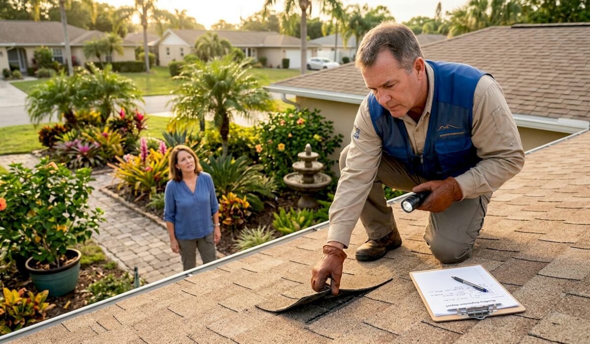 1779855288605 Roof inspector checking hail damage on Florida home