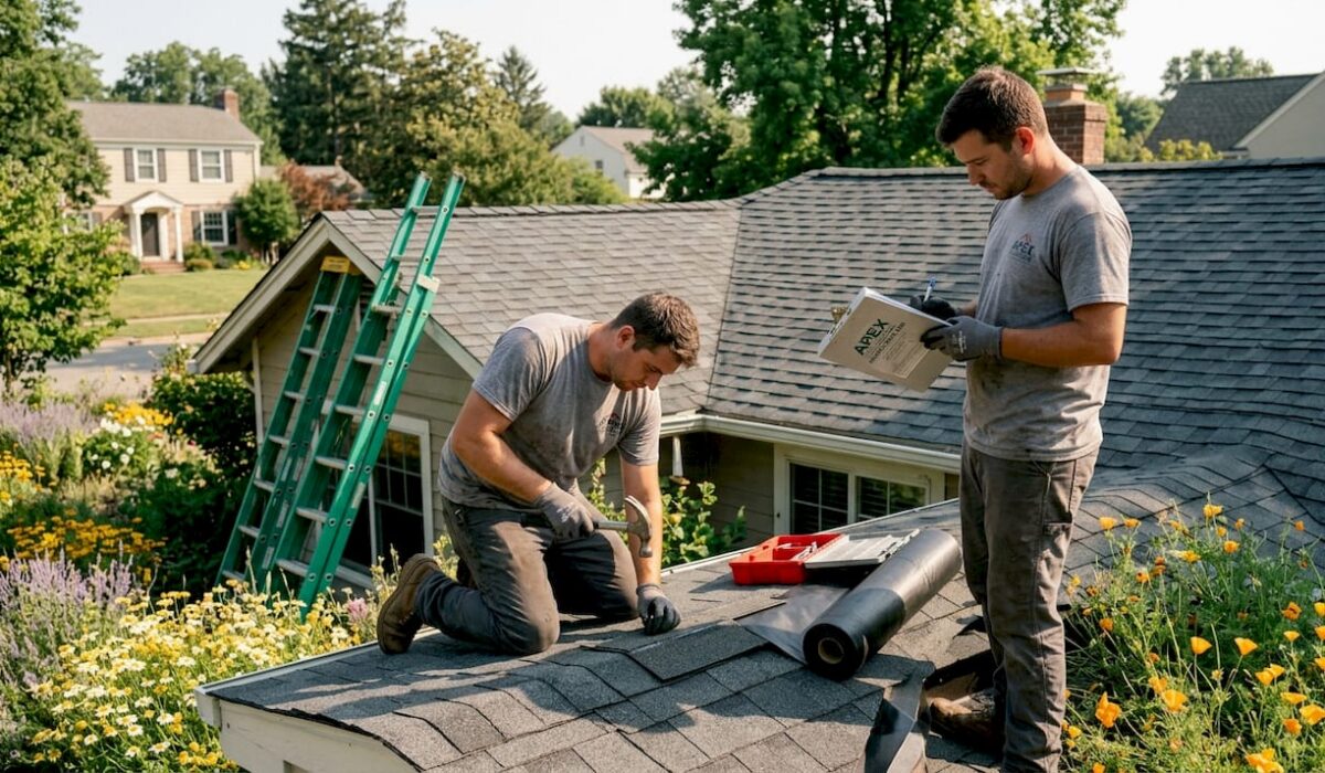 1779860315363 Roofers repairing suburban house roof with tools 1