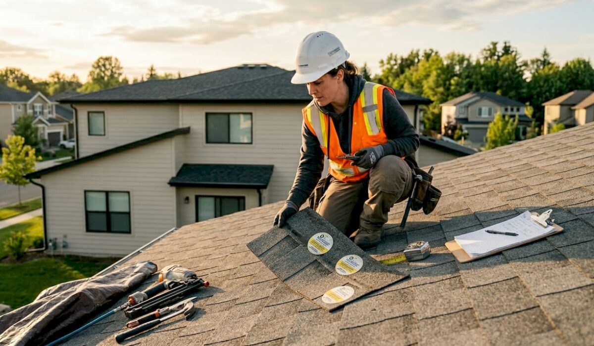 1780030537772 Roofer inspecting Class 4 impact resistant roof shingles