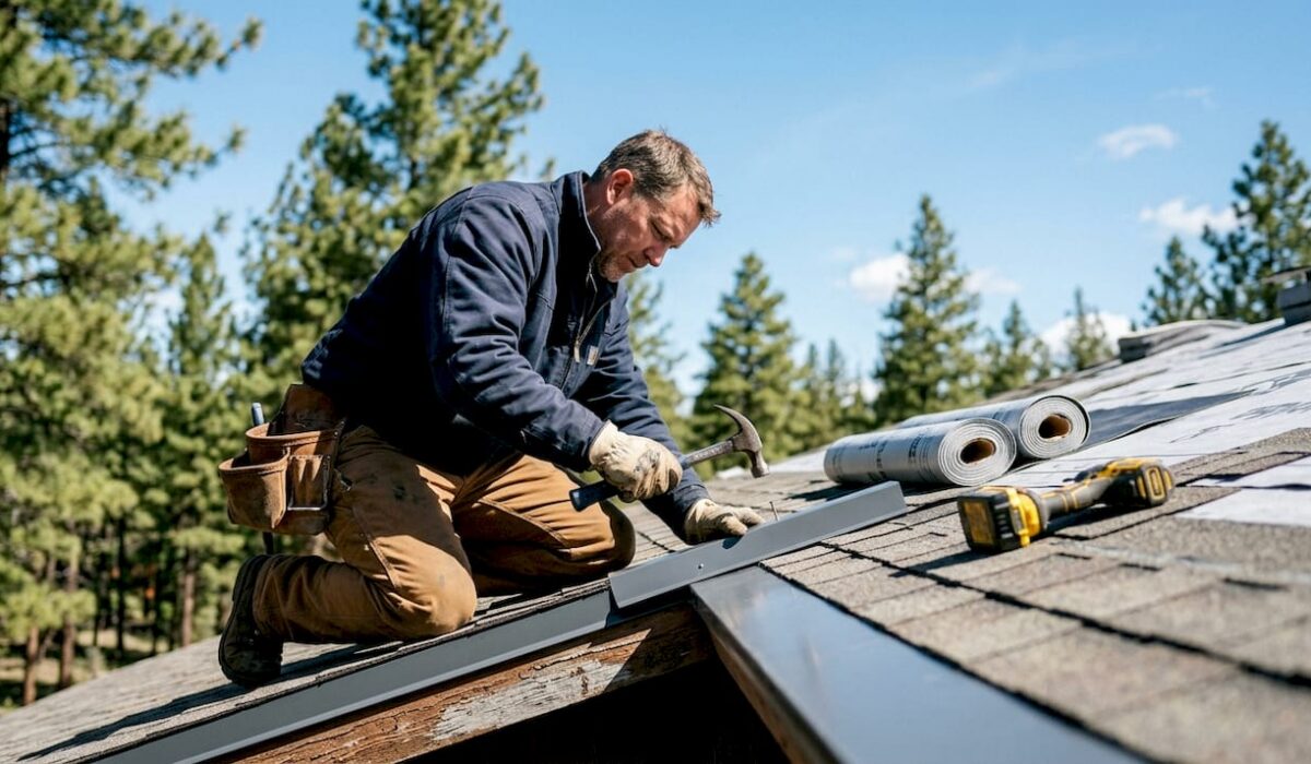 1780116520722 Roofer installing metal roof edge flashing on home roof