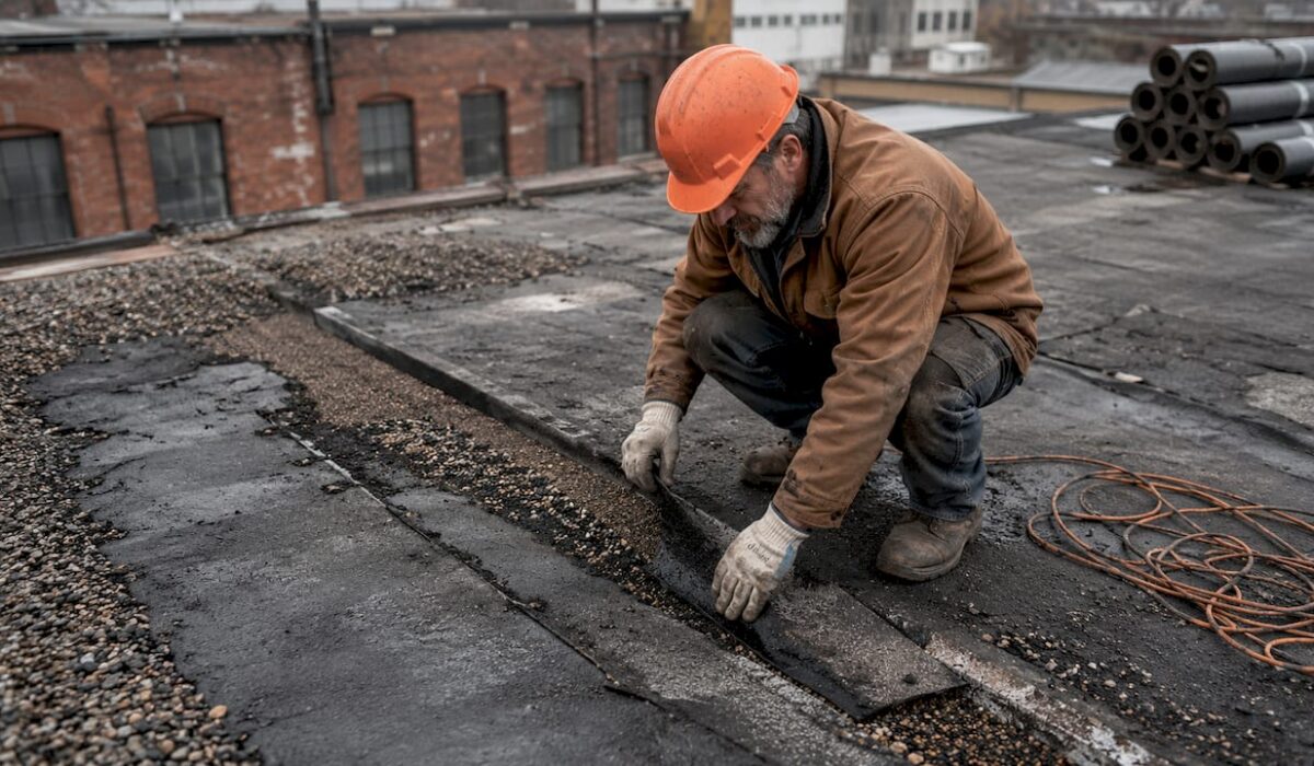 1780809166661 Roofer inspecting built up roofing layers