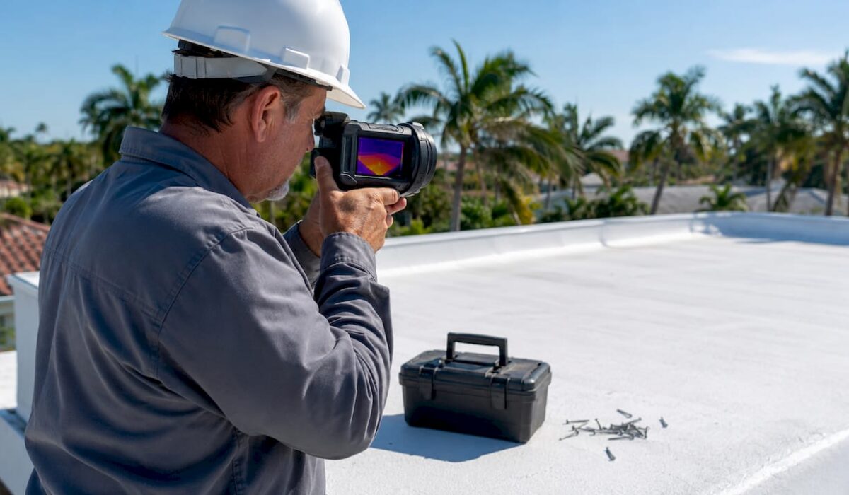 1780987504147 Roofing specialist inspecting thermal performance on roof