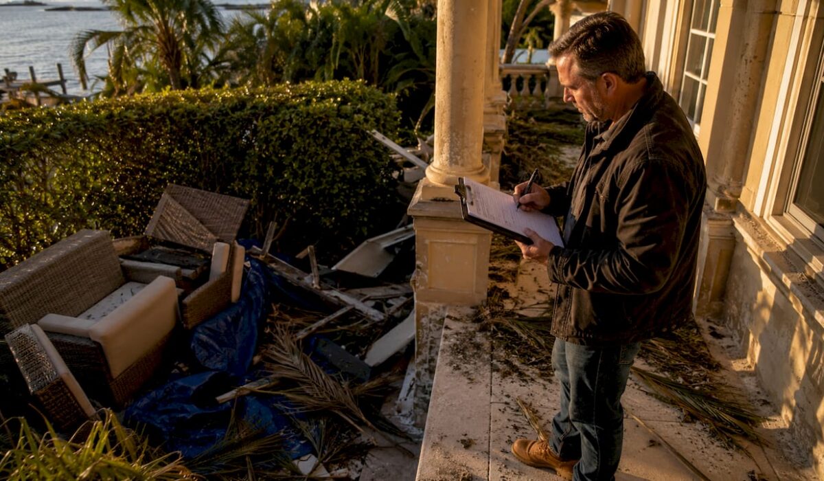 1781273046138 Storm damage assessor inspecting Florida home exterior