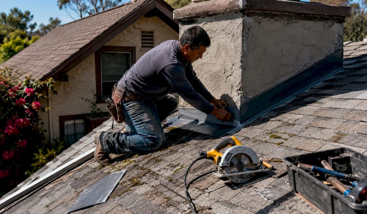 1781363988781 Roofer installing flashing around chimney on roof