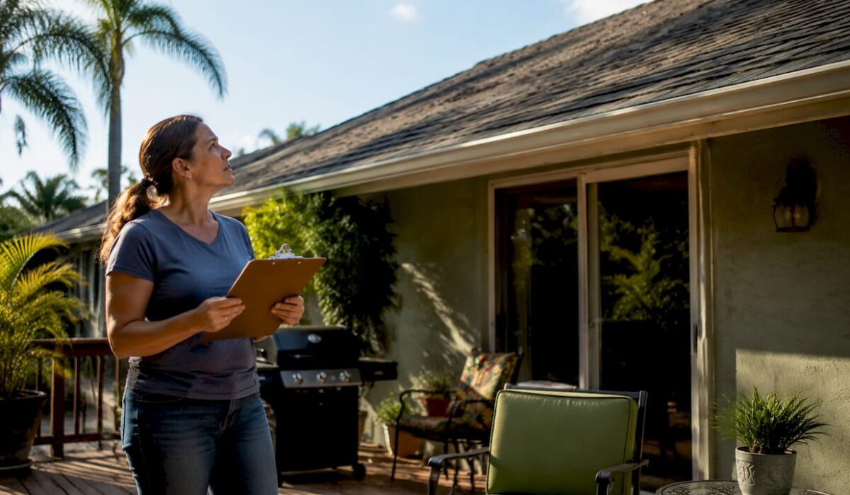 1781513189883 Homeowner inspecting aging roof shingles outdoors
