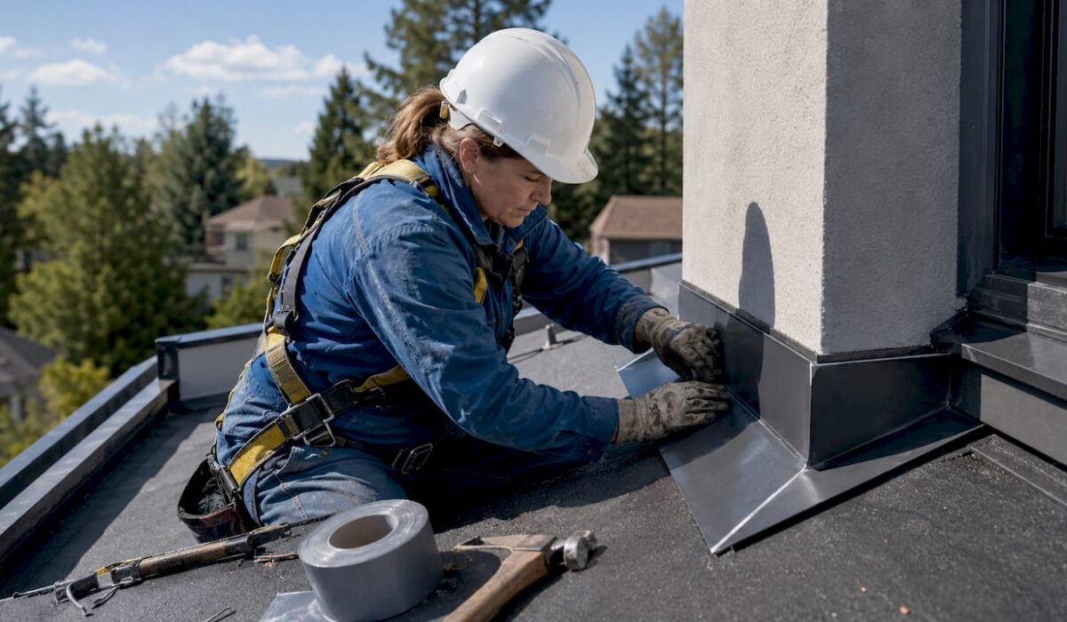 1781585449213 Roofing inspector examining flashing on roof