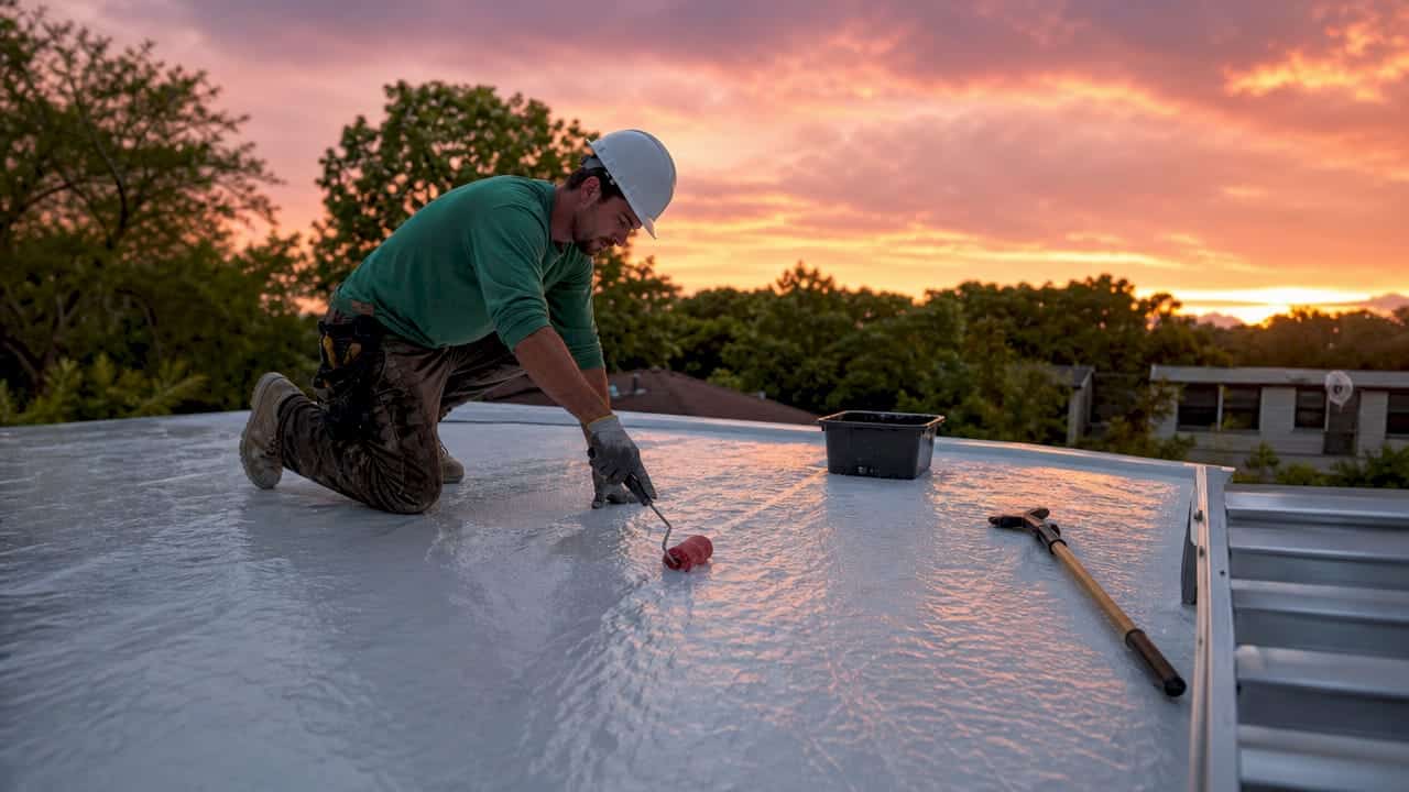 Roofer installing membrane roof on house
