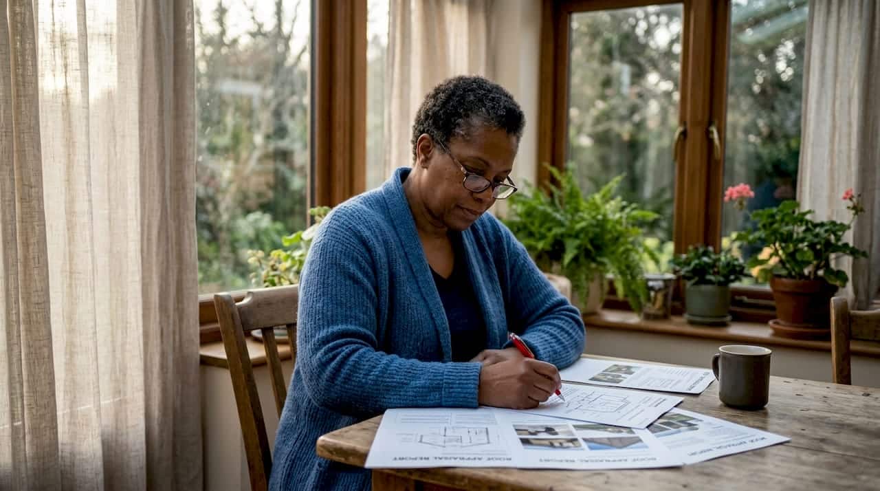 Woman reading roof appraisal documents carefully