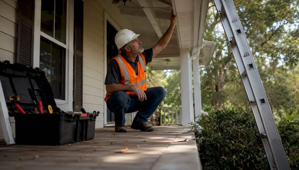 Roof inspector examining shingles on residential roof