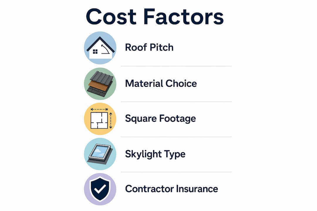 Infographic showing key cost factors for roofing and skylights