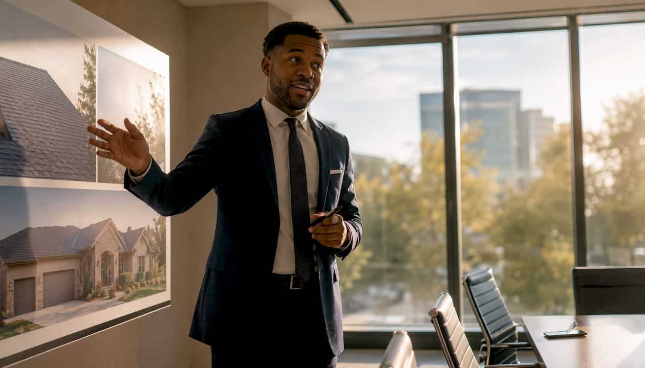 Insurance agent explaining roof policy details