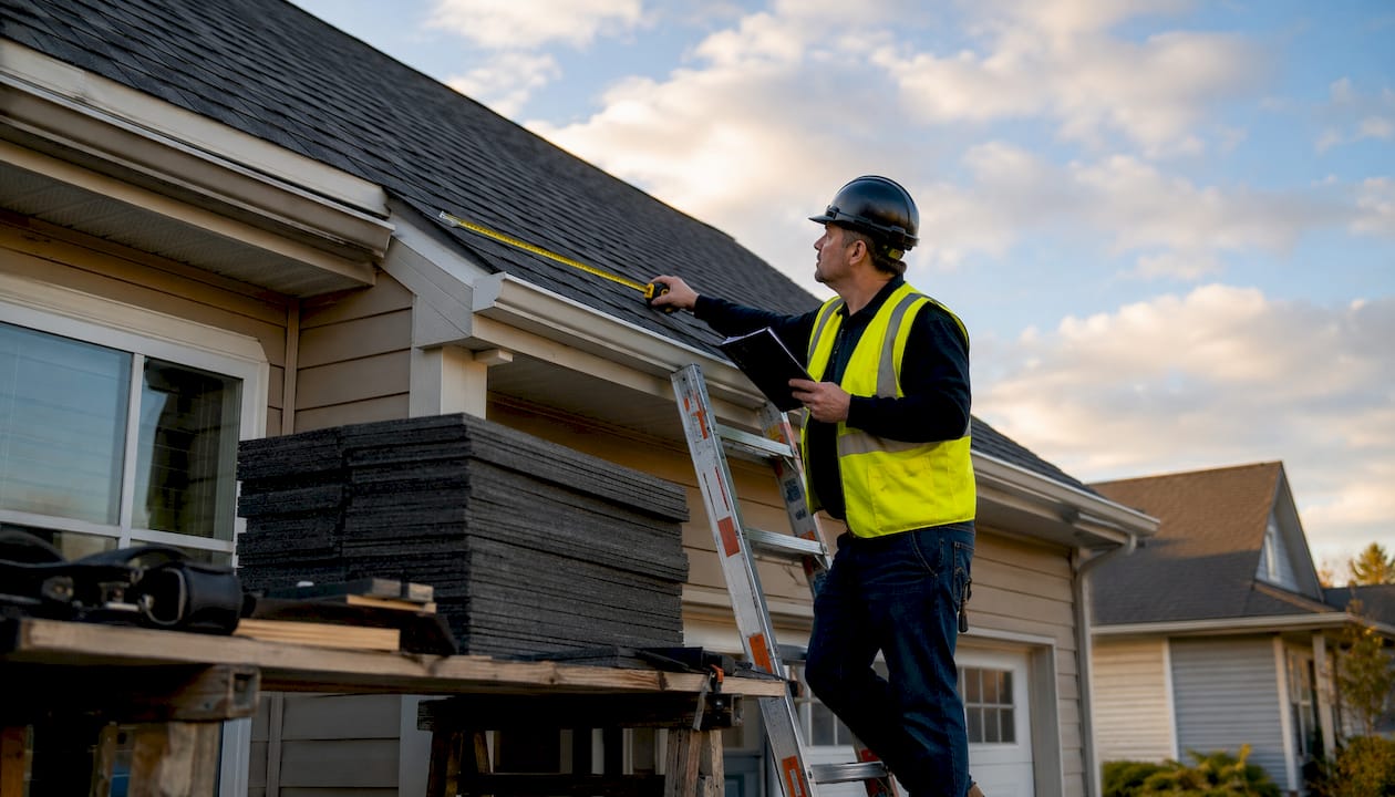 Roofing contractor inspecting roof deck outdoors
