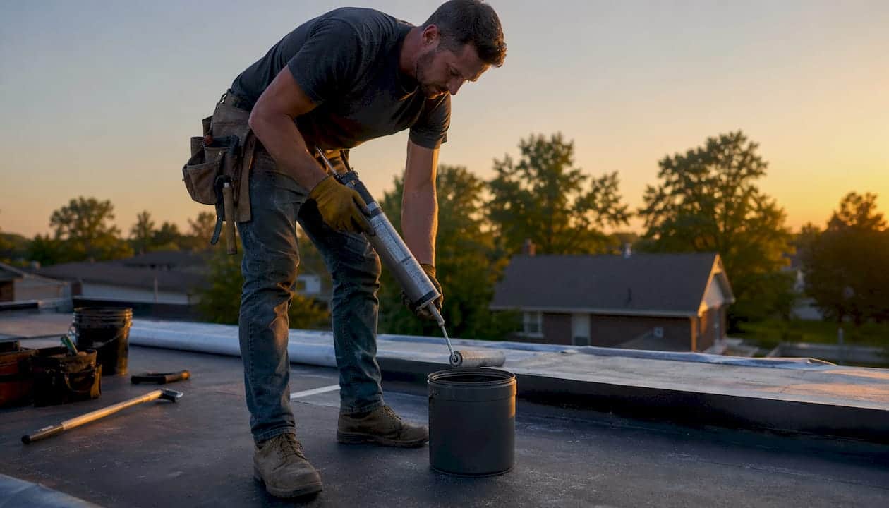 Roofer applying cold adhesive on modified bitumen roof