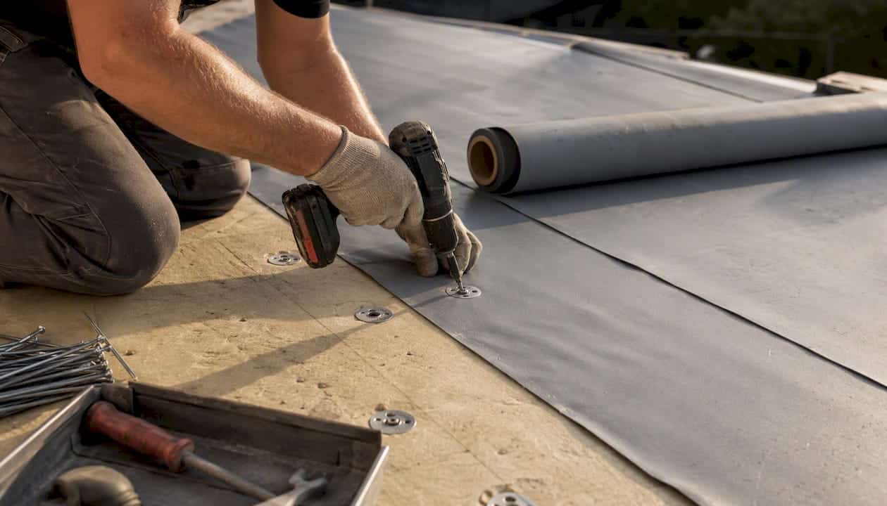 Hands fastening single-ply membrane mechanically on commercial roof