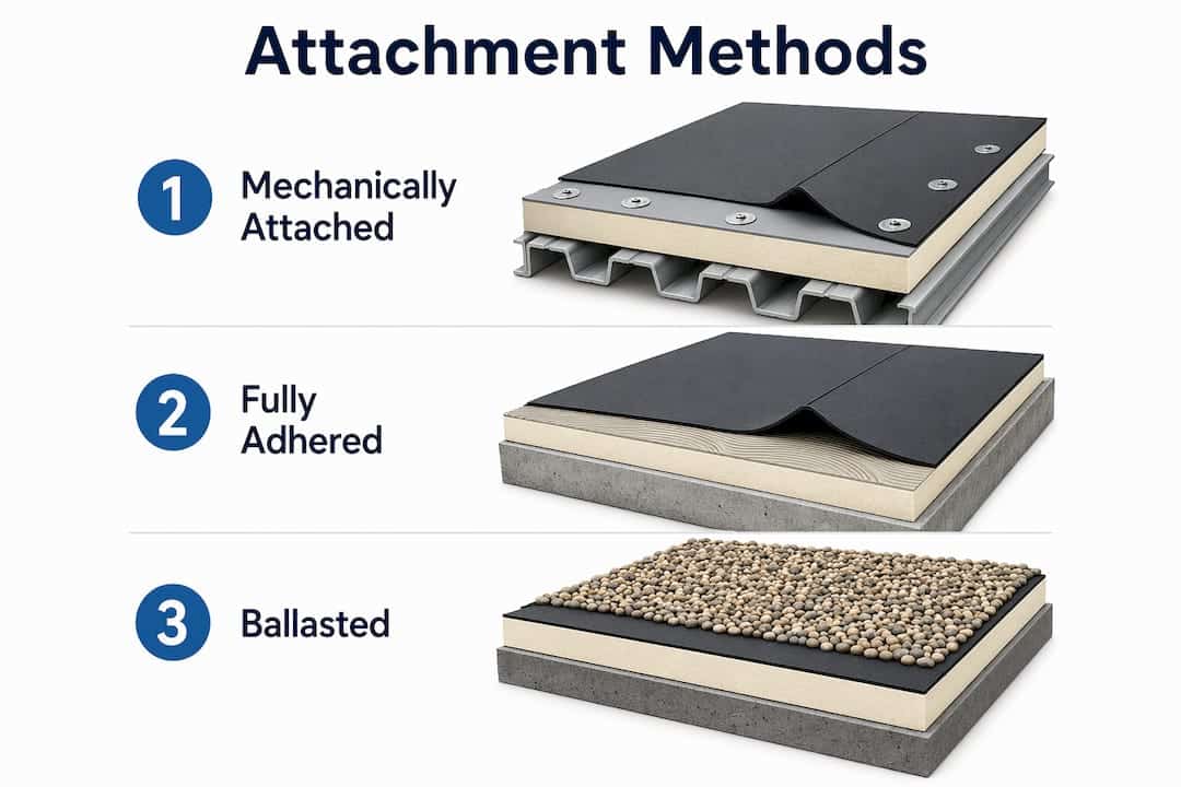 Infographic illustrating three single-ply roofing attachment methods