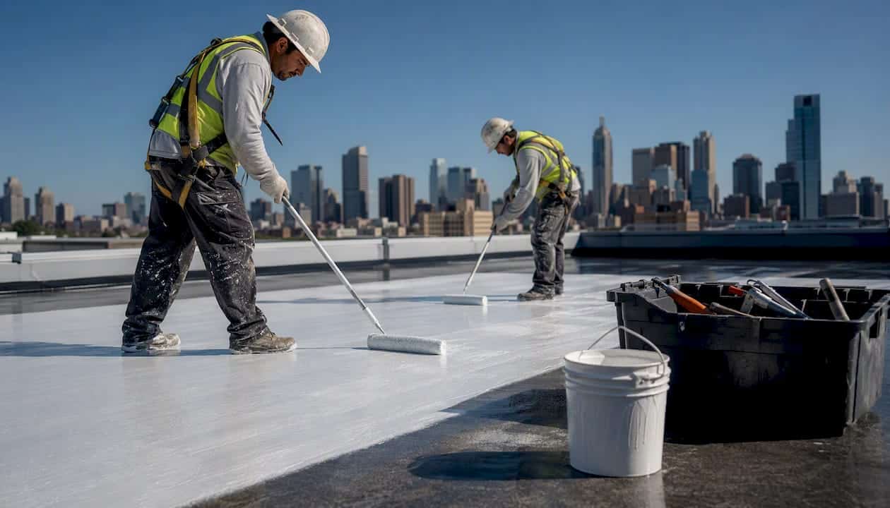 Workers applying roof coating on flat rooftop