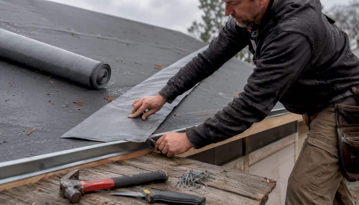 Hands installing roofing underlayment and drip edge