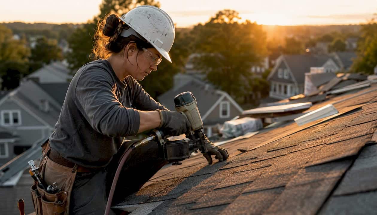 Roofer nailing architectural shingles precisely