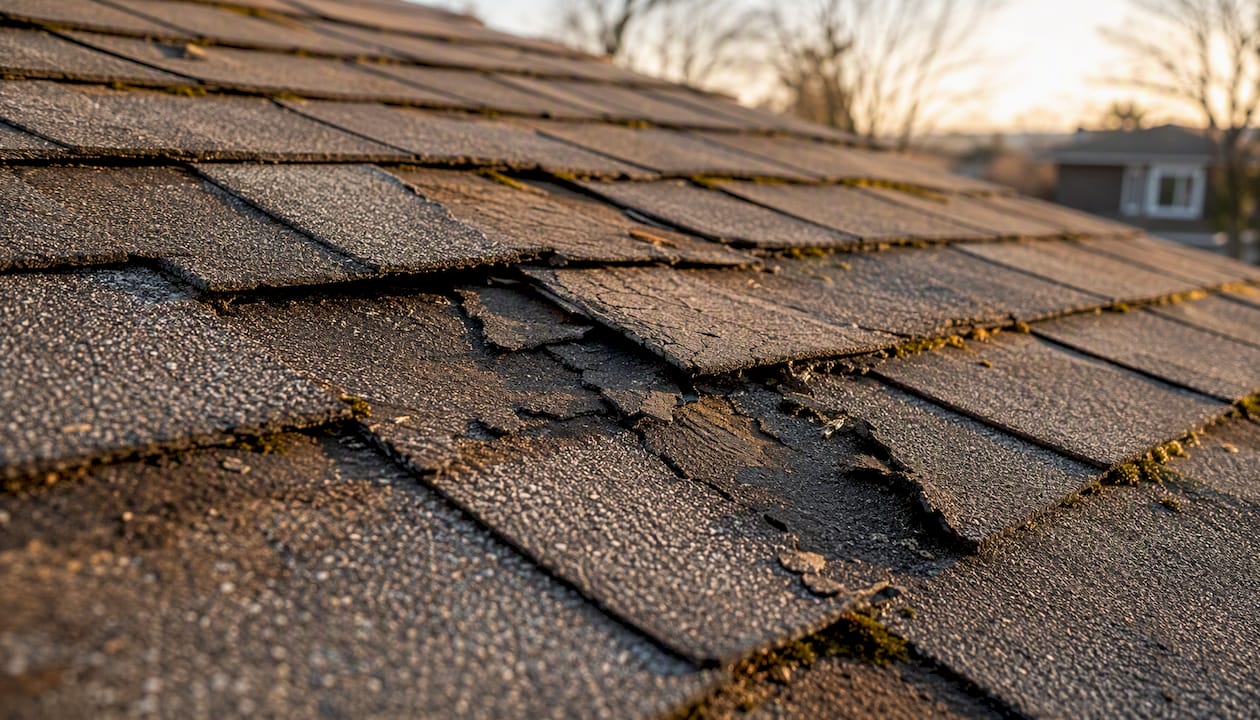 Close-up of damaged asphalt shingles on roof